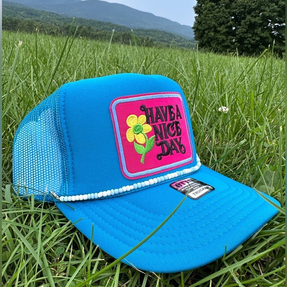 NEW “have a nice day” SnapBack / trucker hat - pink and turquoise with hat - Picture 2 of 4